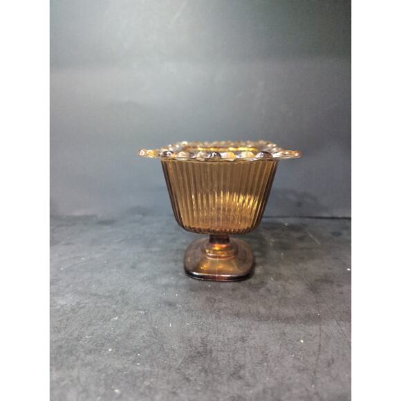 FTDA Amber Glass Candy Dish, Lace Ribbed‎ Pedestal Bowl, VTG Home Decor, Planter - Picture 9 of 11